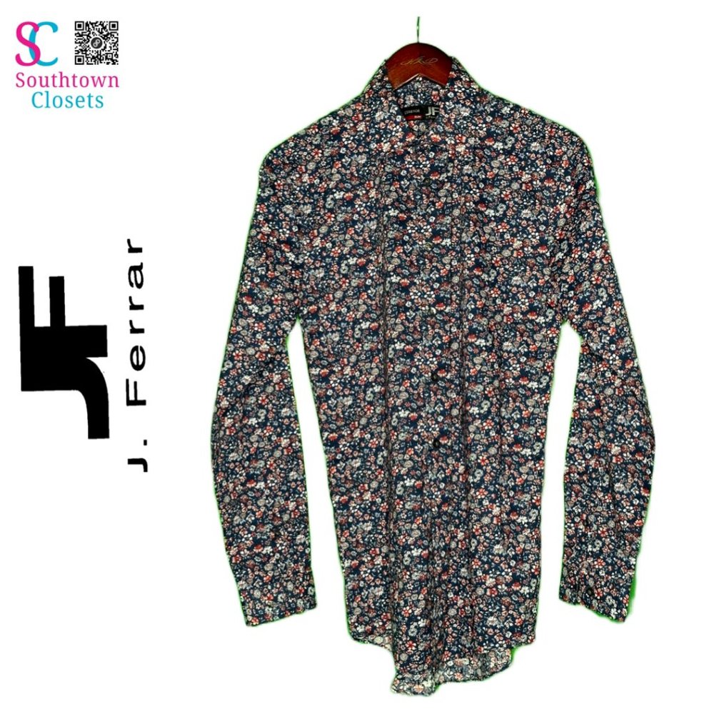 JF J. Ferrar Blue & Red Floral Print Button Down Shirt, 60% Cotton 40% Polyester